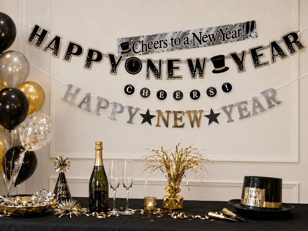 New Years Eve Letter Banner 4 Pack Silver Gold Black